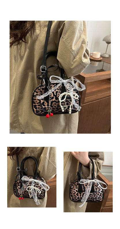 Vintage Leopard Pu Shoulder Bags for Women Portable Trendy Ladies Crossbody Bag Lace Pearl Pendant Female Bowling Handbags