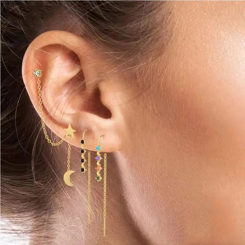 925 Sterling Silver Needle Long Chain Stud Earrings For Women Exquisite Zircon Geometric Tassel Pendant Earrings Luxury Jewelry