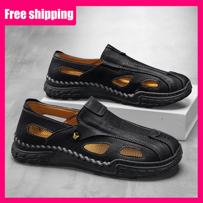 Men Sandals New Hollow Leather Casual Comfortable Trendy Beach Shoes Outdoor Walking Non Slip Bag Toe Walking Shoes for Men