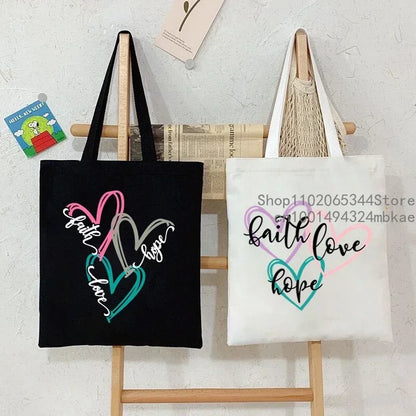 Faith Printed Heart Graphics Women Canvas Shoulder Tote Bag Casual Fashion Shopping Cases Bag Storage Handbag Christian Gifts