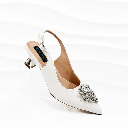 Hot Selling Elegant Noble Colorful Rhinestone Design White Color Party Wedding Pointed Toe High Heel Women Shoes and Bag Set