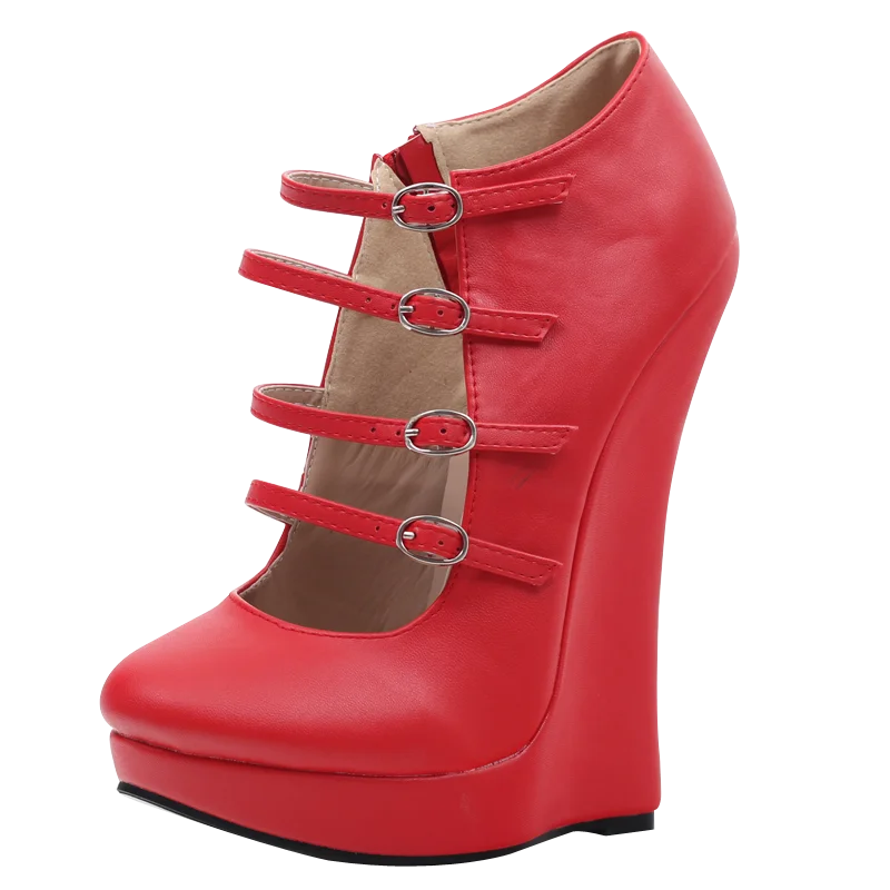Blue PU Leather 6 Inch Wedge Sandals Women Sexy Multi Strap Buckle High Heel Platform Pumps Gothic Fetish Plus Size Shoe