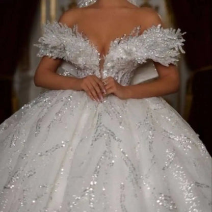 Dazzling V Neck Chic Wedding Dress Corset Women High Quality Ball Gown Customized Romantic Off the Shoulder Long Bride Wear