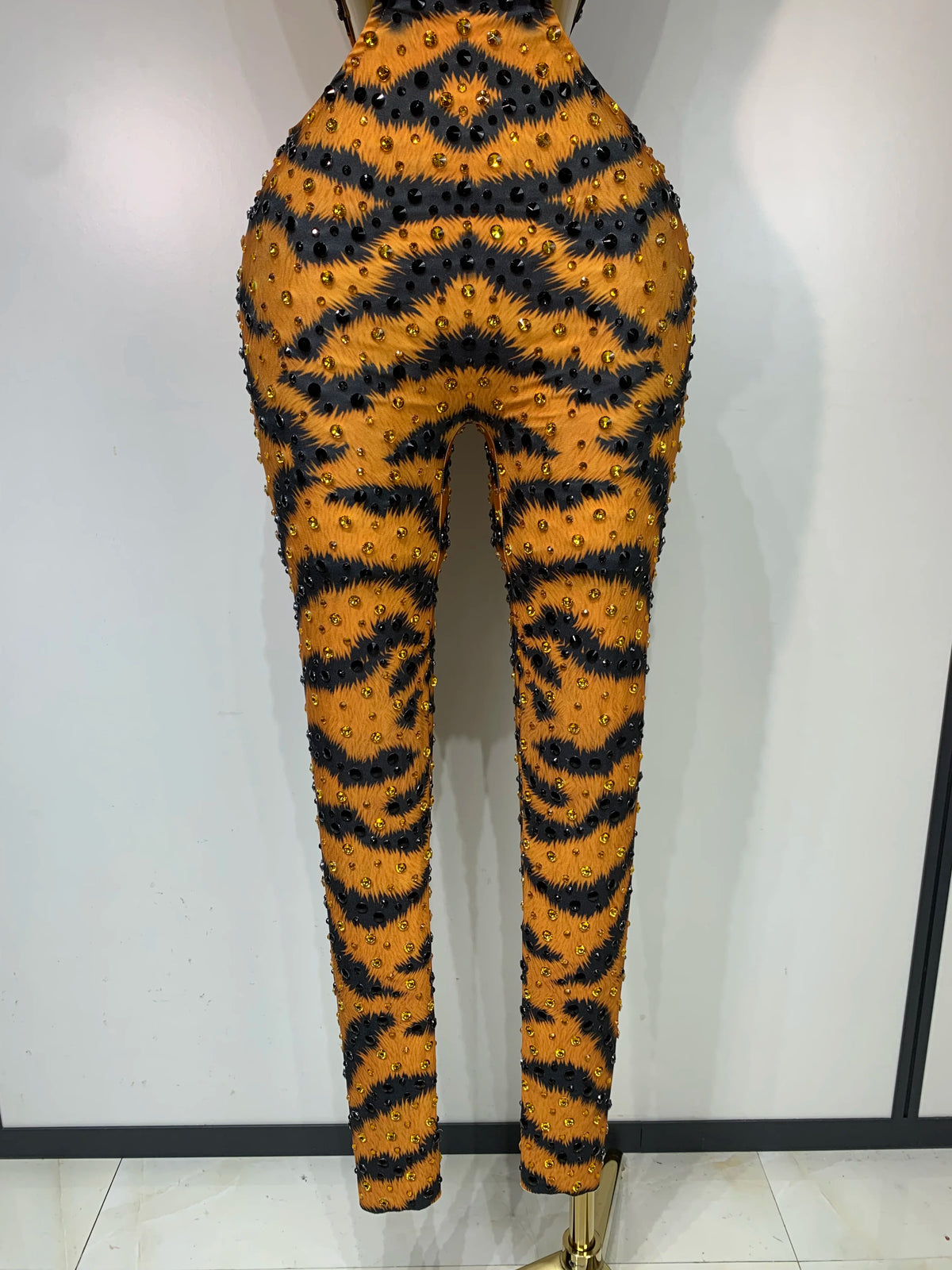 Sparkly Rhinestone Tiger Pattern Tight Fitting Jumpsuit Evening Party Sexy Nightclub DJ Stage Performance Outfit