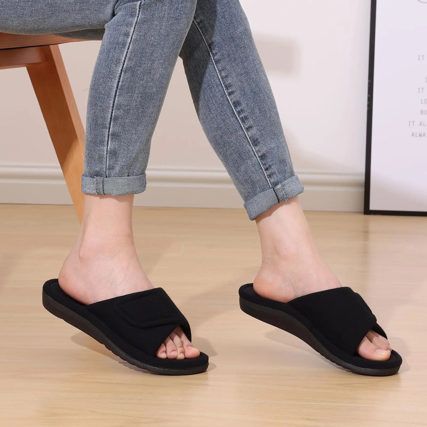 Litfun Winter Cotton Waffle Slippers For Women Breathable Indoor Adjustable Slides Slip On Open Toe Slippers With Arch Support