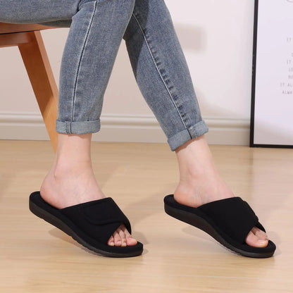 Litfun Winter Cotton Waffle Slippers For Women Breathable Indoor Adjustable Slides Slip On Open Toe Slippers With Arch Support