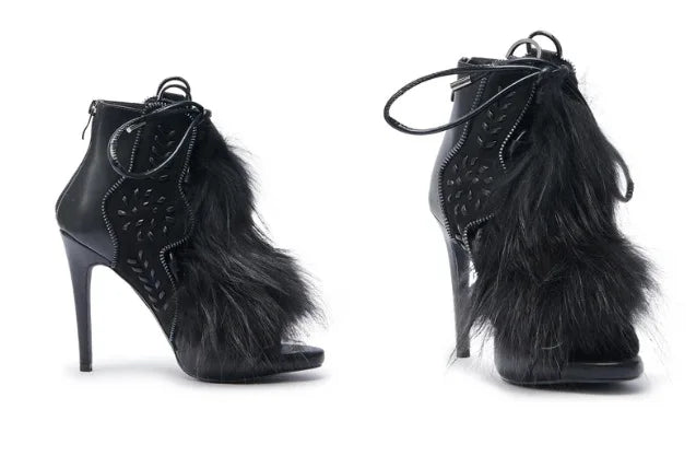 Thin High Heel Peep Toe Design Fluffy Sandals Women Fashion Strap Ankle Feather Sandals Zip Summer Show New Shoes Embroidery