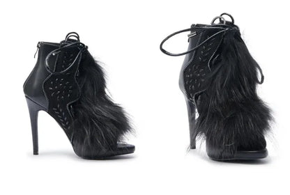 Thin High Heel Peep Toe Design Fluffy Sandals Women Fashion Strap Ankle Feather Sandals Zip Summer Show New Shoes Embroidery