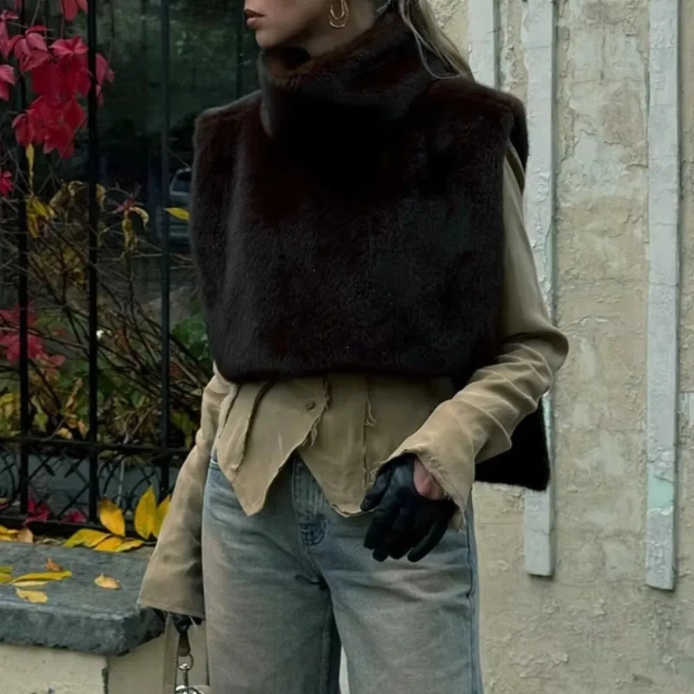Eco Mink Fur Turtleneck Tank Tops Fluffy High Collar Fashion Top Layering Piece Thicken Waistcoat Women's Apparel
