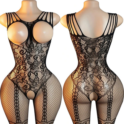 High Neck Fishnet Hollow Bodysuits For Women Sexy Long Sleeve Crotchless Jumpsuits Erotic Outfits Mesh See Through Teddy Rompers