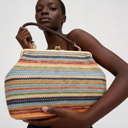 Fashion Large Striped Clip Shell Shoulder Bag for Women Designer PP Straw Handbags Luxury Casual Summer Beach Woven Clutch Bags
