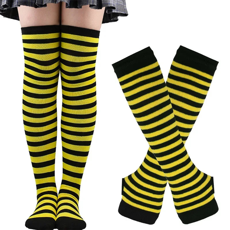 Long Over Above Knee Socks Womens mittens Arm Sleeve Gloves Set Striped Thigh High Stockings Ladies Girl Pink Black White Lolita