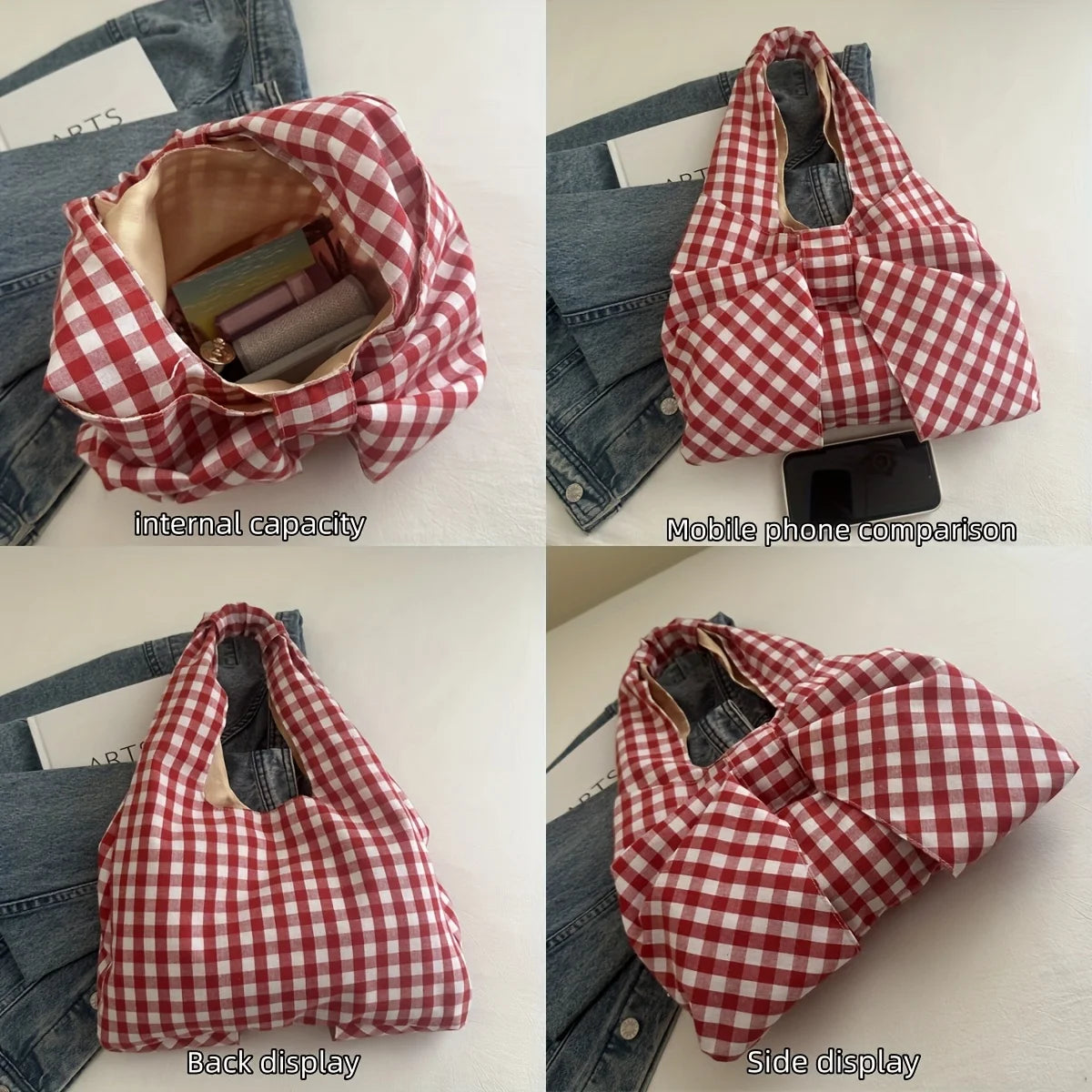 Women Red White/ Blue White Gingham Plaid Tote Bag with Big Bow Decor, Large Capacity Soft Canvas Shoulder Handbag, Casual Shopping Bag for Picnic Travel Daily Commute