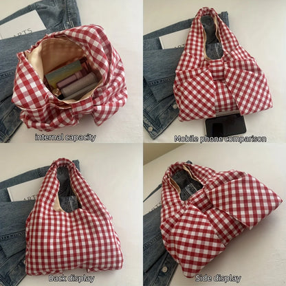 Women Red White/ Blue White Gingham Plaid Tote Bag with Big Bow Decor, Large Capacity Soft Canvas Shoulder Handbag, Casual Shopping Bag for Picnic Travel Daily Commute