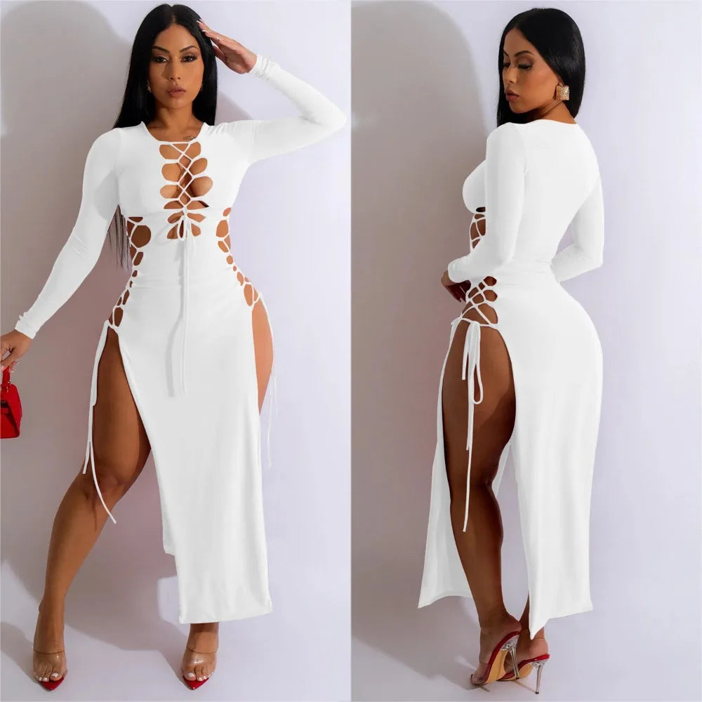 HLJ Sexy Solid Hollow Out Bandage Slit Bodycon Mid Dresses Women Round Neck Long Sleeve Slim Vestidos Fashion Party Club Clothes