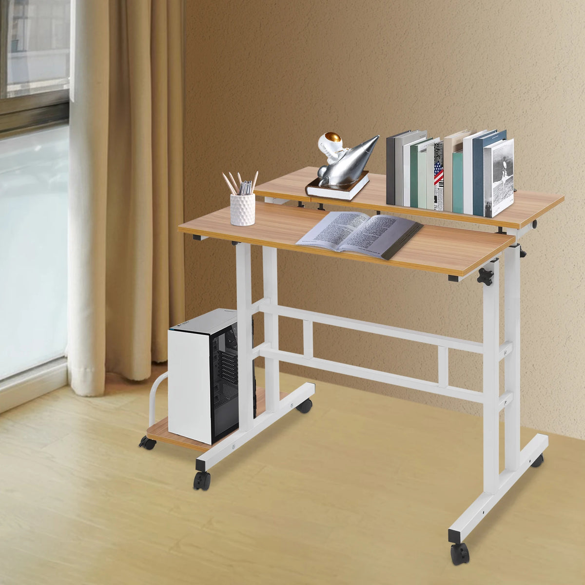 Mobile Computer Desk  with Tiltable Panels 6 Casters Adjustable Height Ergonomic Foldable Sit Stand Workstation for Home Office Dormitory Study Room