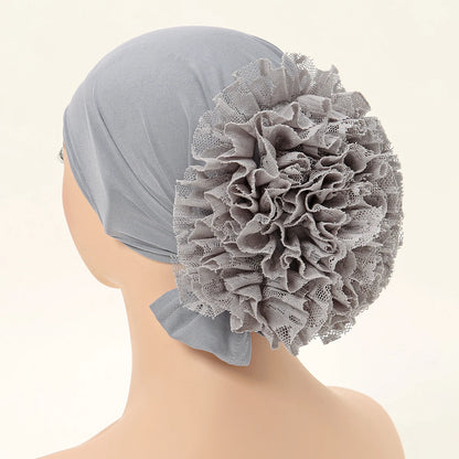 Muslim Women's Hijabs with Lace Chiffon Panhua Solid Color Thin Bottom Hat Islam Head Wrapping Tie Back Turban Female Headband
