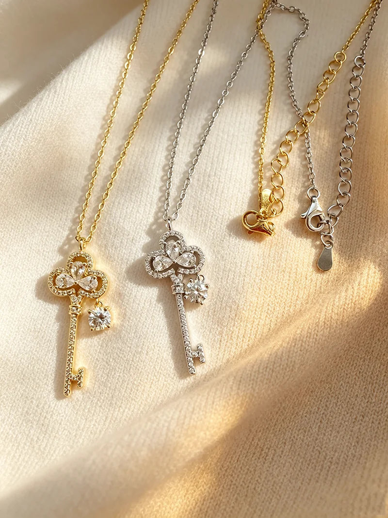 OXTAO Brilliant Moissanite Big Key Pendant for Women D VVS1 Clavicle Chain Flower Necklace Anniversary Jewelry 14K Gold Filled