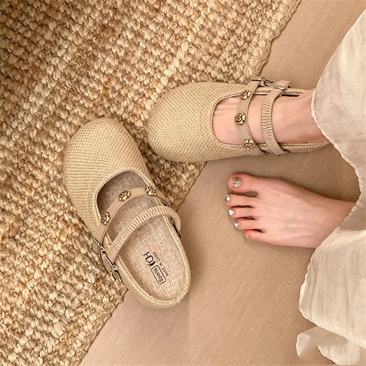Women's Woven Mary Jane Mules Flat Round Toe Slip-On Shoes with Buckle Straps and Rose Hardware Casual Balletcore Summer Sandals
