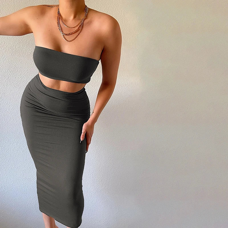 Hugcitar Women Elegant 2 Pcs Sets Strapless Sexy Tube Crop Tank Top Maxi Skirt 2025 Summer Women Casual Clothes Party Festival