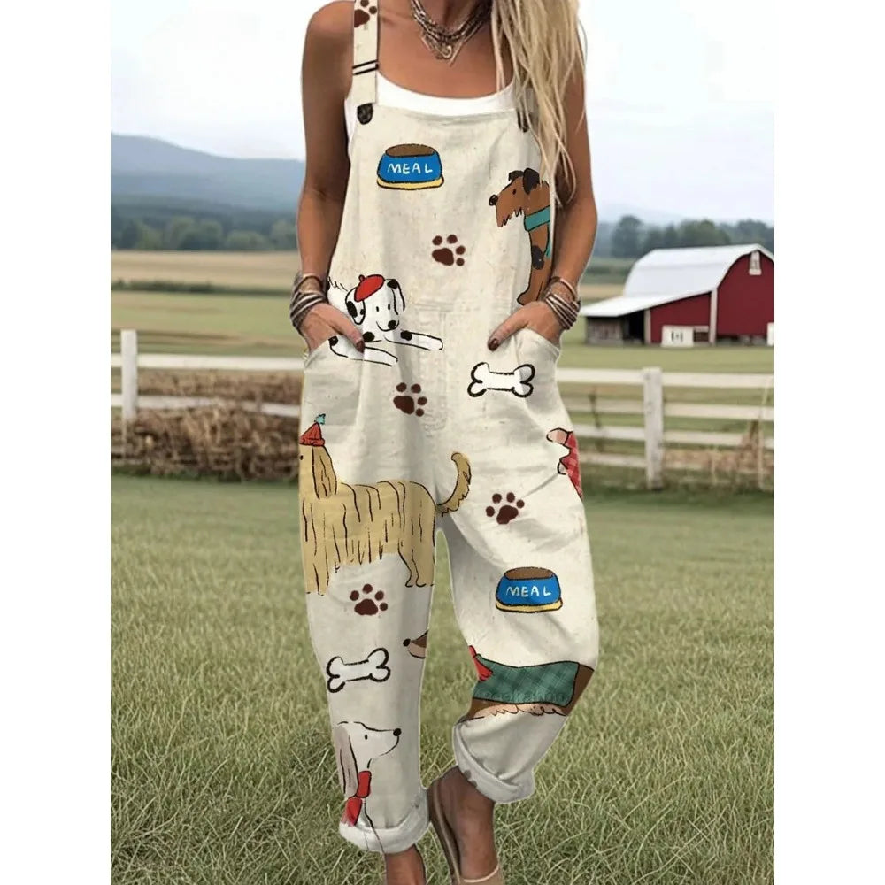 Relaxed Fit Women's Overalls with Cute Animals Patterns Fashion Jumpsuits Adjustable Design for Picnics and Country Outings
