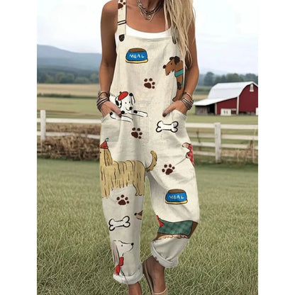 Relaxed Fit Women's Overalls with Cute Animals Patterns Fashion Jumpsuits Adjustable Design for Picnics and Country Outings
