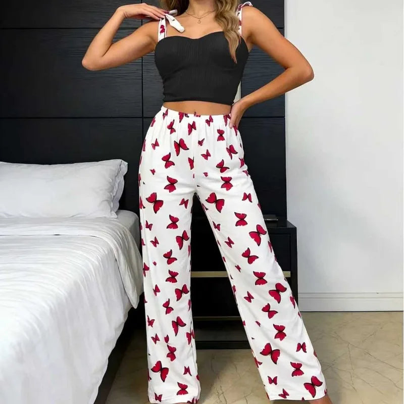 Women's Butterfly Print Tie Strap Cami Long Pants Pajama Set Summer Sexy Lounge Wear 2 Piece Set Female Soft Sleepwear