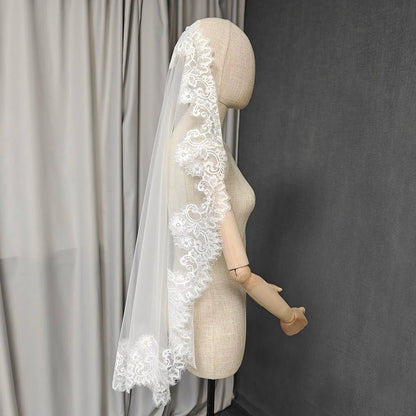 Customized Mantilla Veil with Eyelash Lace, Single Tier 1m/1.5m/2m Wedding Veil with Hidden Comb, Eyelash Lace Ivory Bridal Veil