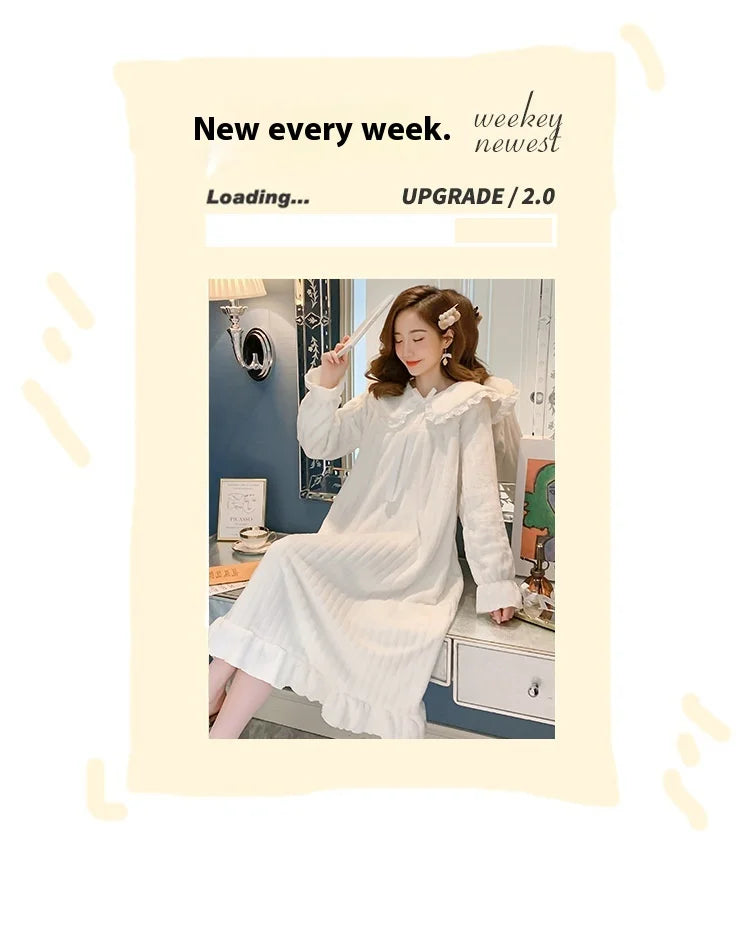 Womens Nightwear Nightdress Flannel Thickened Solid Colour Nightgown Doll Collar Student Warm Coral Velvet Ruffle Dress Robes Se