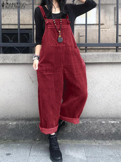 Autumn Corduroy Jumpsuits 2025 ZANZEA Women Overall Pants Casual Suspender Fashion Wide Leg Playsuits Rompers Streetwear Trouser