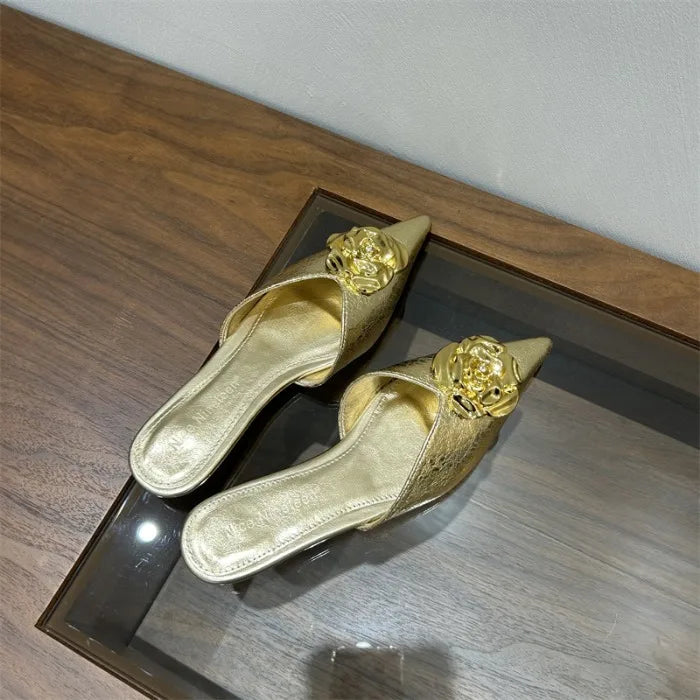 Flower Women Flats Slippers Pointed Toe Elegant Mules Shoes Fad Slingback Sandals 2025 Summer New Luxury Flip Flops Mujer Slides