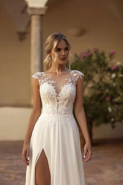 Elegant Chiffon Wedding Dresses for Bride Sheer Neck Illusion Bridal Party Gown with Slit Lace Applique Vestidos De Novia