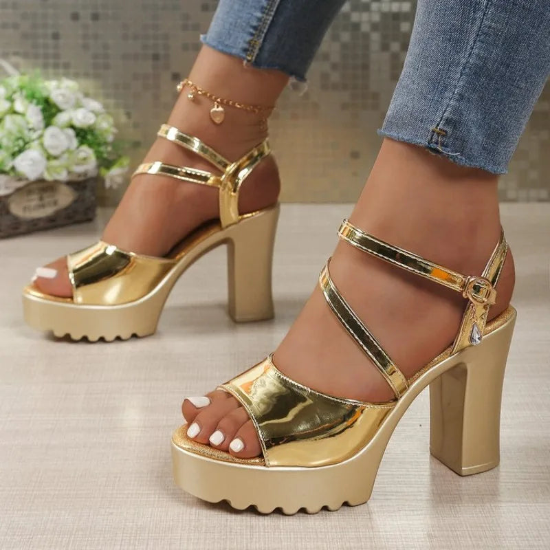 Summer Luxury Diamond Buckle Strap Women's Pumps Square Heel Solid Pumps Shoes Women Fashion Pu Platform High Heels Female