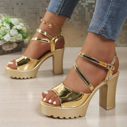 Summer Luxury Diamond Buckle Strap Women's Pumps Square Heel Solid Pumps Shoes Women Fashion Pu Platform High Heels Female