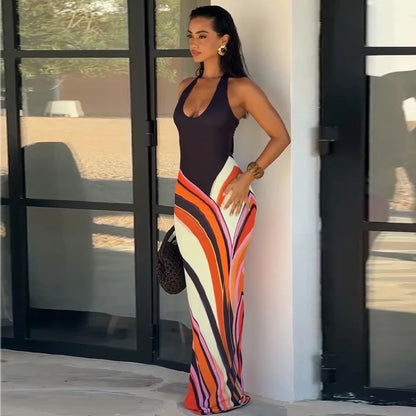 Sexy Print Women Long Dress Party Deep V-neck Sleeveless Backless Hip Package Female Dresses 2026 Summer Holidays Lady Robe