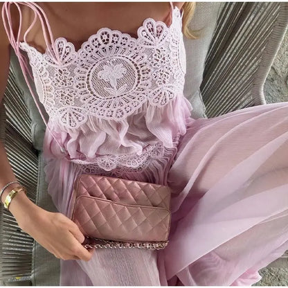 Beach Lace Hollow Out Women's Summer Pants Sets Lace Up Backless Spaghetti Strap Crop Top Loose Pleated Lantern Pant 2026 Suit