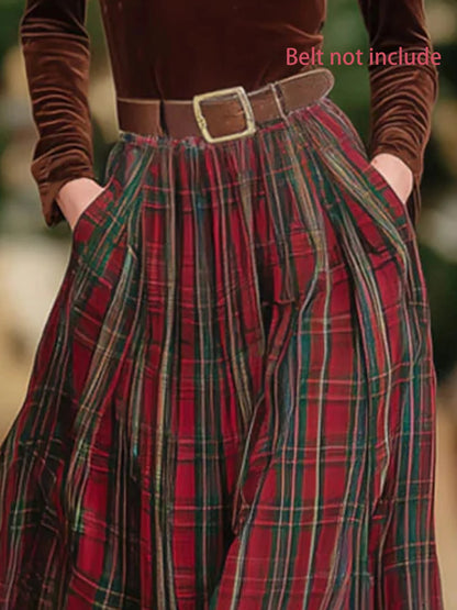 Plus-Size Women's Elegant Retro Plaid Patterned Skirt with Elastic Waist, Belt-Free, Suitable for All Seasons, Perfect for Everyday Wear and Commuting.