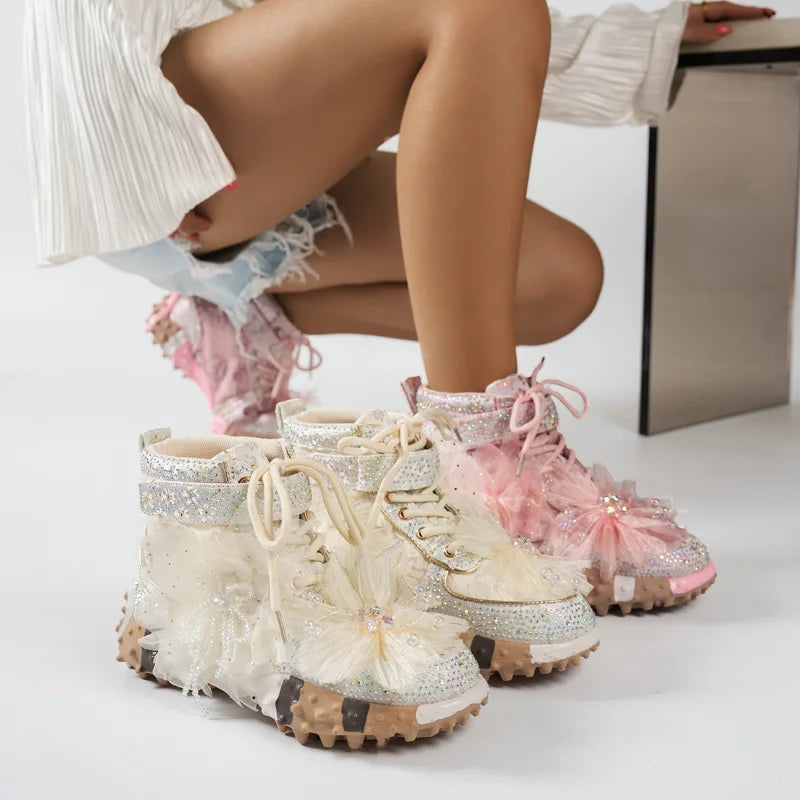 Women's Rhinestones High Top Luxury Sports Shoes Sparkling Shoes Lace Up Mesh Water Diamond Fashion Casual Shoes Zapatos Mujer