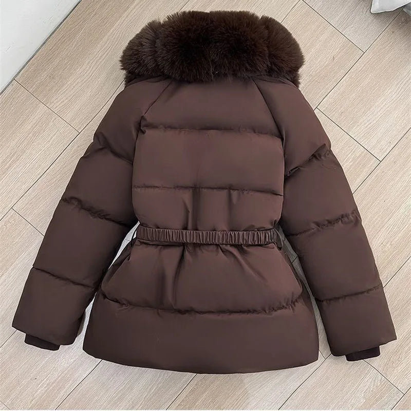 2026 Winter Coat New Women's Clothing Large Fur Collar Cotton Jacket Cold Protection Warmth Parker Thicke Waist Cotton Overcoat