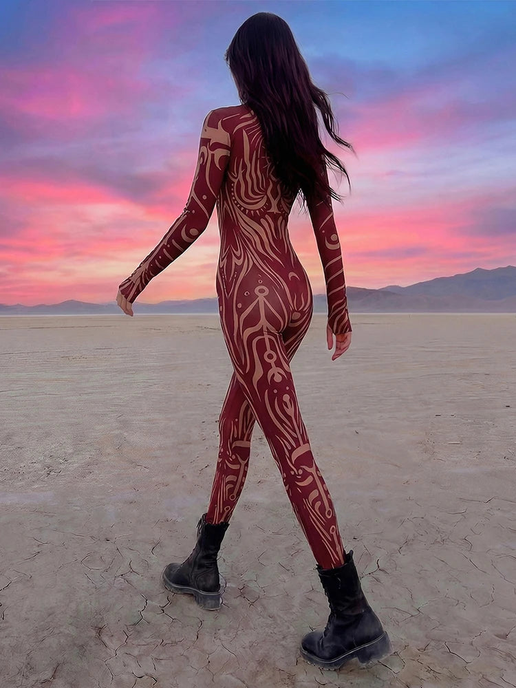 Weird Puss Sexy Striped Print Jumpsuits Women Wild Style Turtleneck Full Sleeve Midnight Party Club Stretch Streetwear Overalls