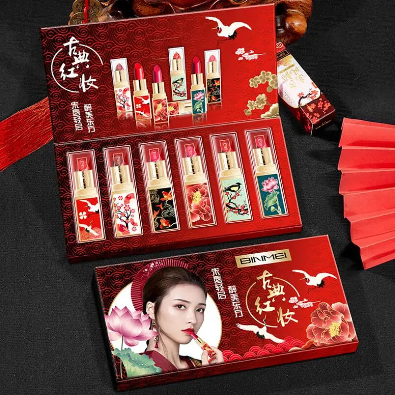 6pcs/set Chinese Style Lipstick Gift Set Box Lasting Moisturizing Nourishing Red Lip stick Cosmetics Women Beauty Makeup Set