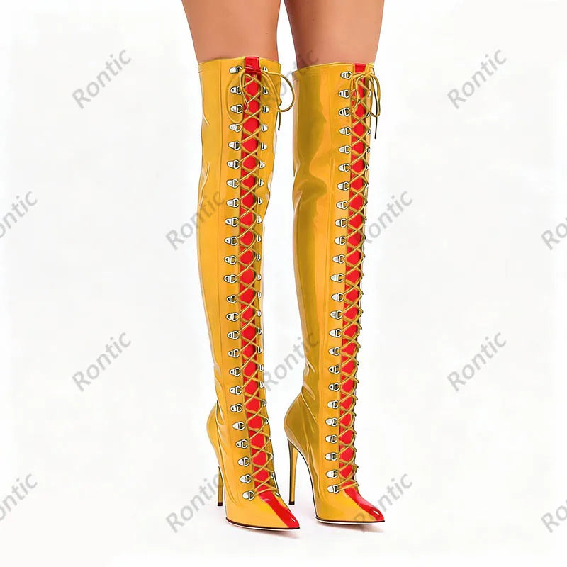 Rontic Custom Crafted Blue Thigh High Boots Stiletto Heel Design Red Detail Laces Pointed Toe Patent Leather Artisan Size 5-15