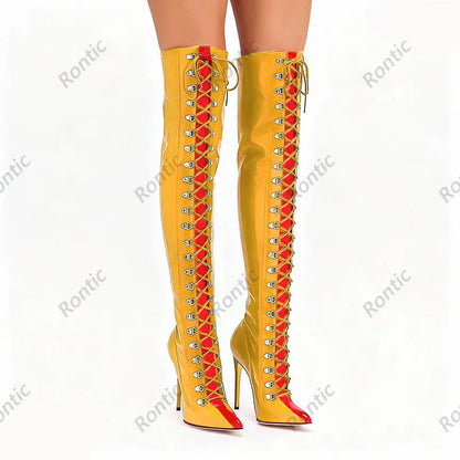 Rontic Custom Crafted Blue Thigh High Boots Stiletto Heel Design Red Detail Laces Pointed Toe Patent Leather Artisan Size 5-15