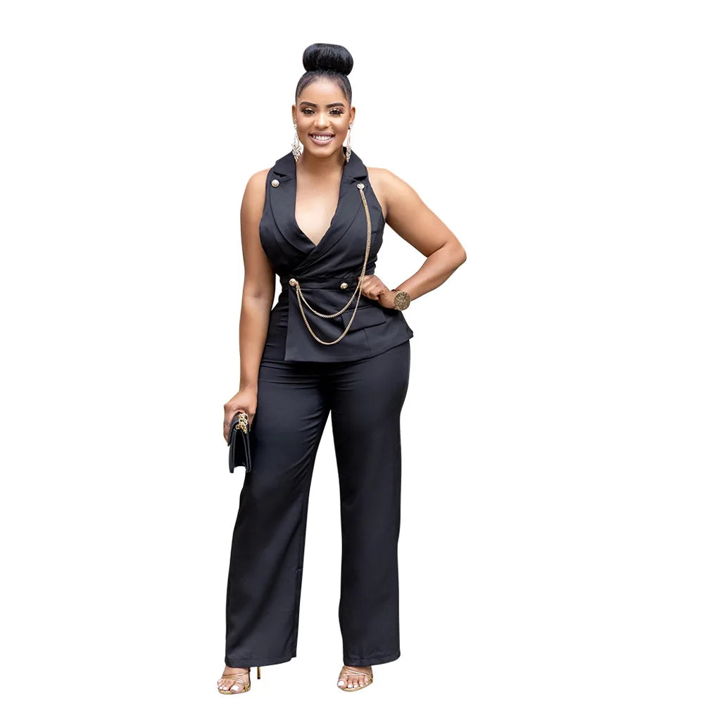 CMYAYA Elegant Womenv-neck High Waist Straight Sleeveless Blazer Jumpsuits 2024 Fall Street Chain Office Lady Party Rompers