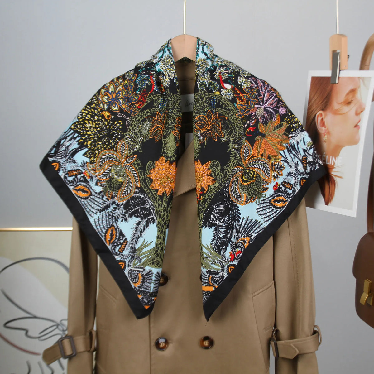 New Design Trendy Luxury Wrap Scarf, Twill Fabric Flower Print 90cm Square Scarf, High-End Silk Scarf for Women Shawl
