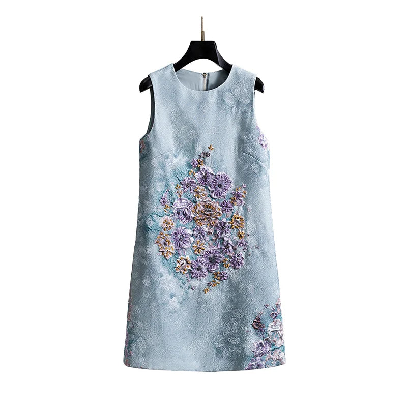 Unique Blue Heavy Beaded Rhinestone Crew Neck Sleeveless A-Line Tank Dress for Women Fall Party Cocktail Evening Luxury Chic