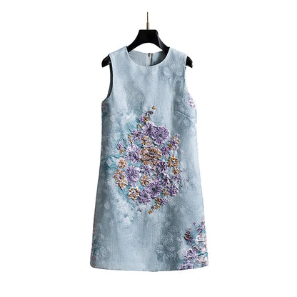 Unique Blue Heavy Beaded Rhinestone Crew Neck Sleeveless A-Line Tank Dress for Women Fall Party Cocktail Evening Luxury Chic