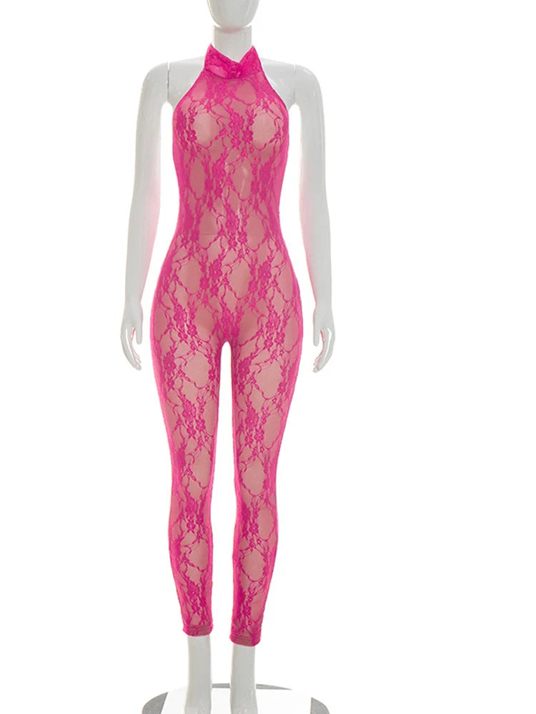 Beyprern Women Solid Lace Bandage Jumpsuit Sexy Halter Backless Floral See Through Skinny One Pieces Rompers