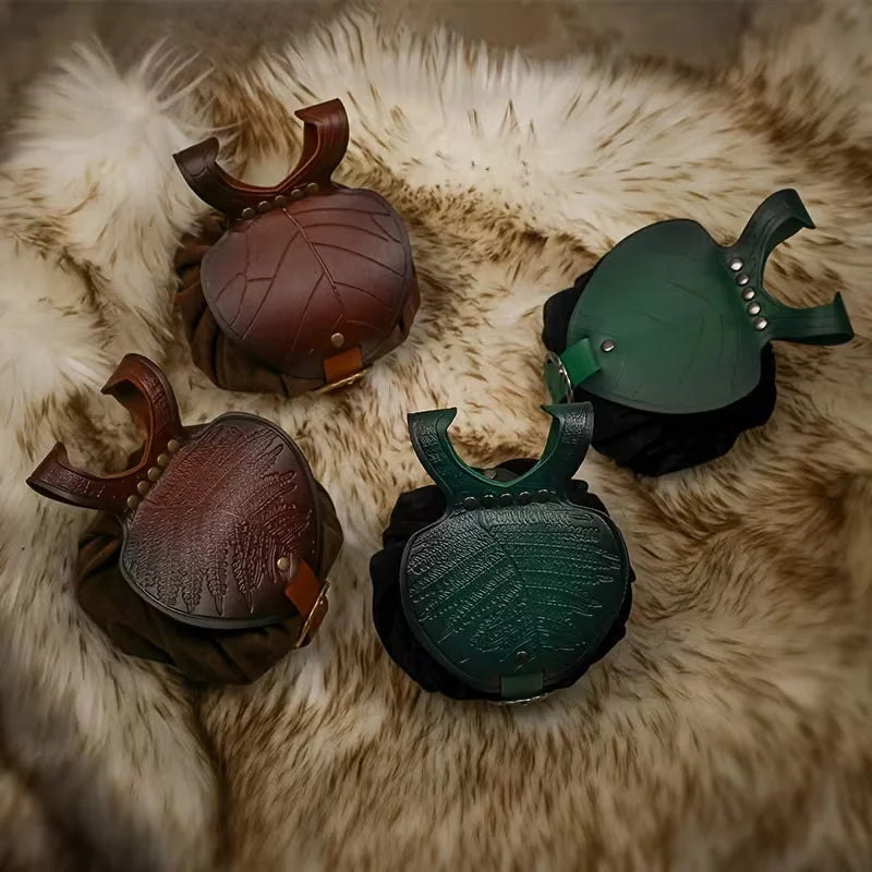 Renaissance Costume Accessories Medieval Retro Leather Waist Belt Leaf-Patterned Coin Purse Magic Potion Bottle Skirt Hike Clip Set for LARP&Cosplay