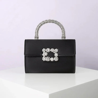 Rhinestone Faux Silk Emerald Evening Bag Silver Diamond Buckle Handle Fashion Handbags Elegant Ladies Square Bolsa Feminina